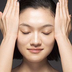 place your palms over the eyes and glide horizontally to the temples to de-stress the eye area